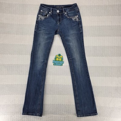 Grace In LA Straight Leg Jeans Womens Sz 27 Blue Denim Low Rise Embroidered EUC