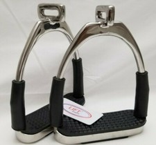 OFFSET HORSE FLEXIBLE SAFETY SILVER STIRRUPS POLISH 4.75    RIDING BENDY IRONS