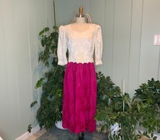 Vintage 1980s Deep Pink White Embossed Matte Satin Formal Tea Length Dress Lanz