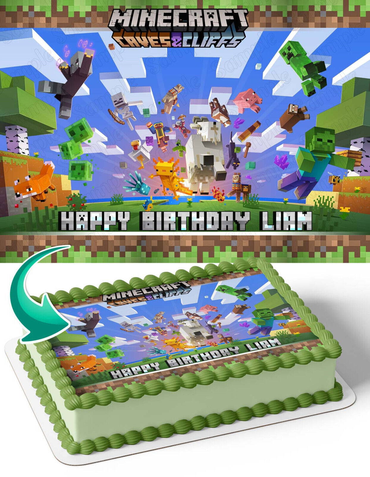  Video Game Cake Topper, Mining Theme Happy Birthday