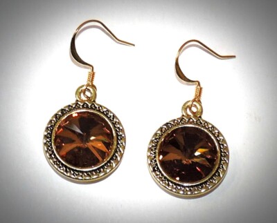 Topaz Tabac Swarovski 12mm Rivoli Crystal Earrings Gold Plated Ear Wires