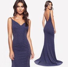 A&N Luxe Label V-Back Mermaid Tail Shimmering Navy Blue Evening Gown Size UK XS
