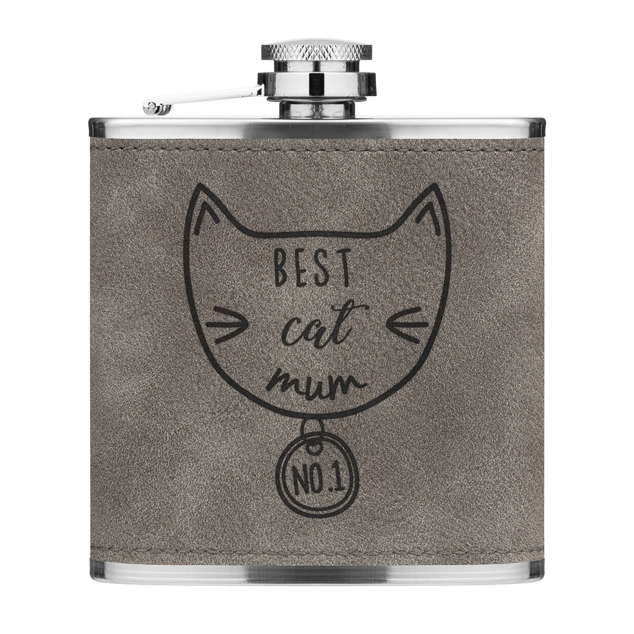 Best Cat Mum 6oz PU Leather Hip Flask Grey Crazy Cat Lady Kitten Funny