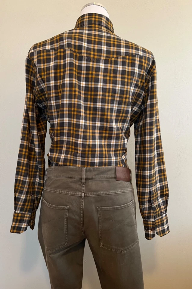 Brunello Cucinelli Mens Madras Flannel Button-Down Western Shirt Size Large - Image 3 of 4