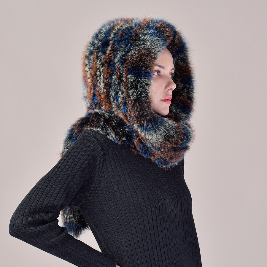 2023 Women Real Knitted Fox Fur Hat Hooded Scarf Long Neck