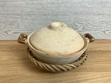 Vintage French Terra Cotta Casserole Dish Lidded Clay Cooking Pot w/ Trivet