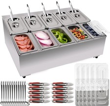 Pizza  and Sandwich Topping Station 10-Pan 2-Row Adjustable Containers with Lids