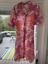 mlle gabrielle Pink White Floral Shirt Dress V-Neck Puff Sleeve Tie Waist L