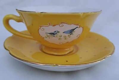 Anthropologie Yellow Blue Bird Teacup Saucer Gold Trim Polka Dot