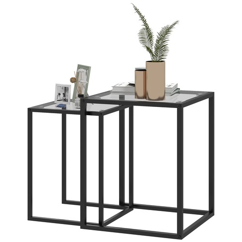 Nesting Tables Set of 2, Side End Table with Tempered Glass Top, Black - Picture 11 of 11