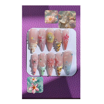 Barbienailbox Stiletto Acryl Nägel lang 3D-Blumen glänzend mehrfarbig 10er Set