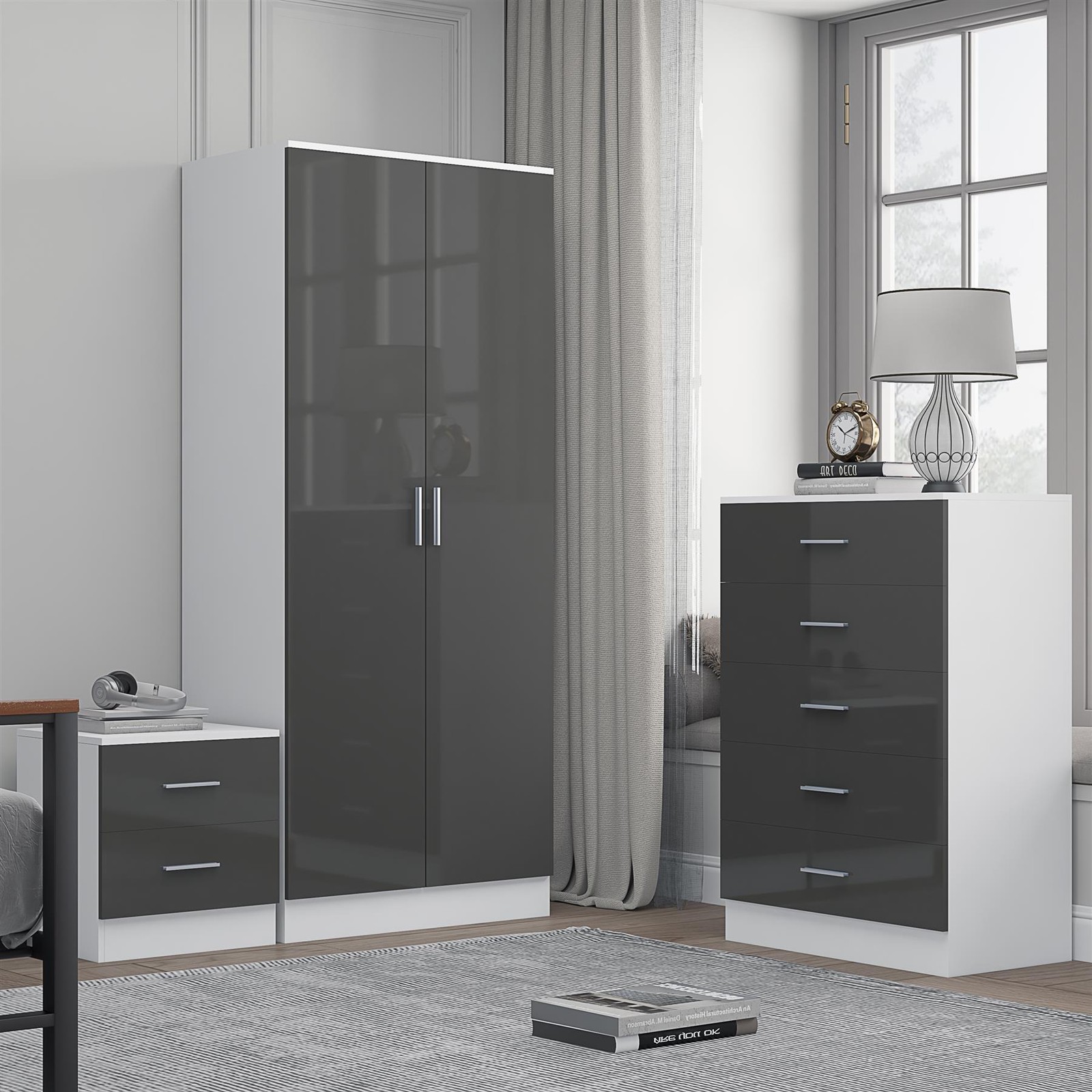 B&Q - 2 Door Plain Wardrobe5 Drawer Chest2 Drawer BedsideGrey Gloss & Matt WhiteModern Bedroom Furniture Set - Image 2