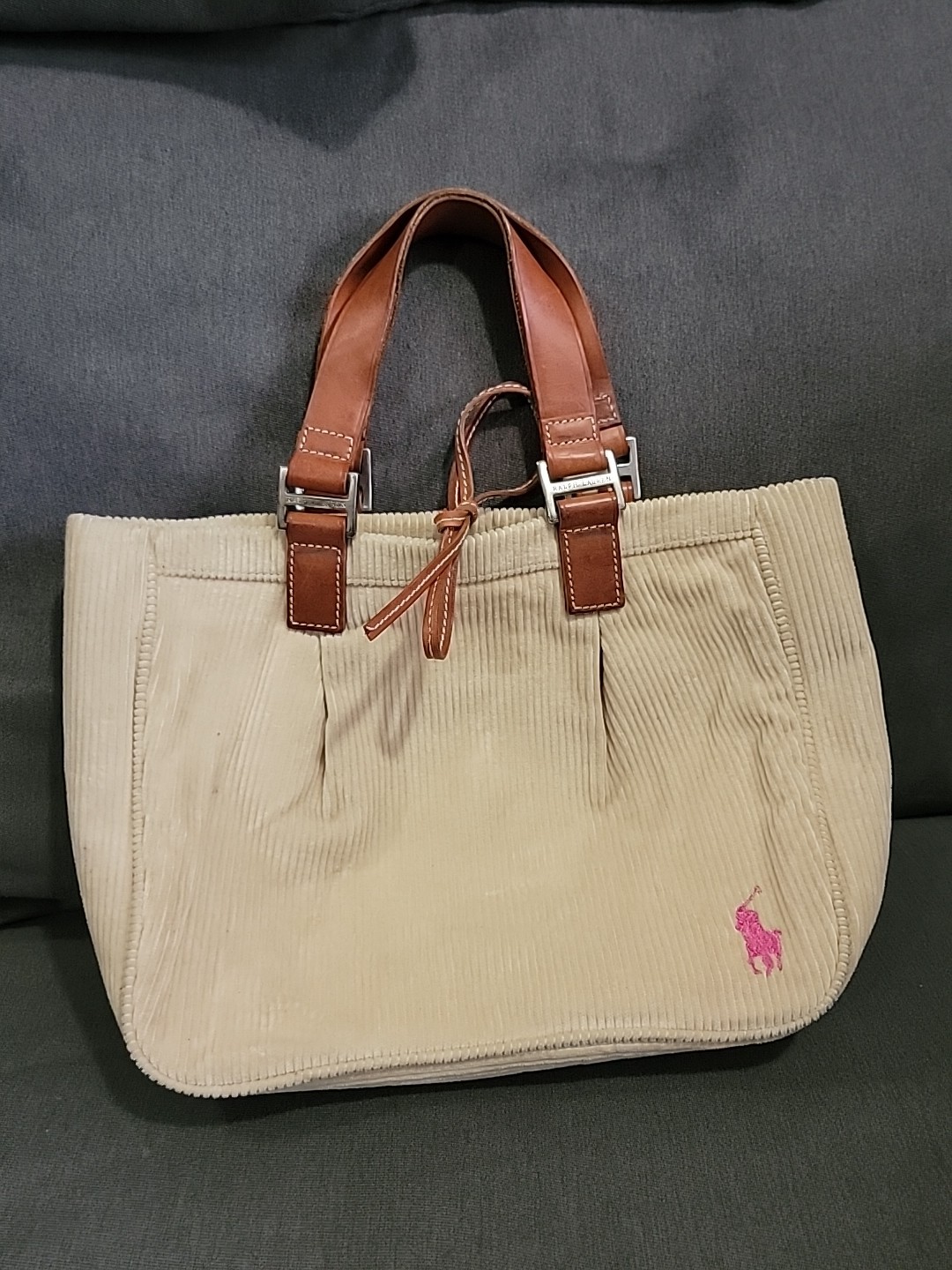 Borsa piccola vintage Ralph Lauren velluto a coste foderata in pelle rosa pony beige abbronzatura