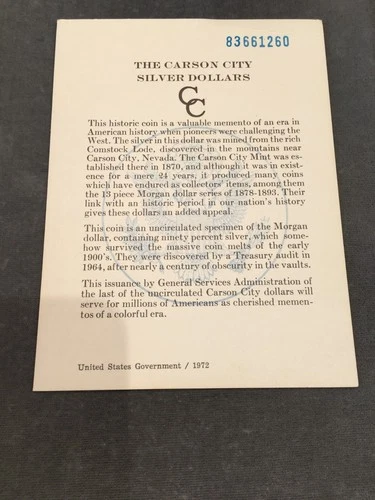 Genuine GSA Certificate Card for Black Box 1883 Carson City Morgan Silver Dollar