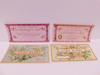 4 Antique Soap Labels France Art Nouveau Lilas Blanc Extrait de Son Violette ETC