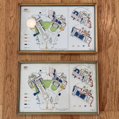 Vintage E-M Diesel Motive Power 12-201A Engine Diagrams Framed Pair Railroad