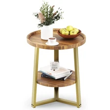 Round End Table, 2 Tier Side Table with Storage Shelf, Nightstand Accent Tabl...