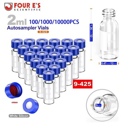 100/10000Pcs 2mL Glass Vials Autosampler Vials Sample Vials w/ 9-425 Screw Caps