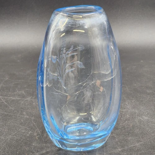 Hand Blown Blue Tint Glass Vase Etched Floral Scandinavian Swedish Oval 6.75″ - Picture 7 of 12