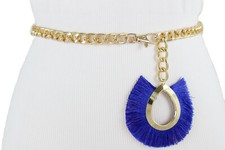 Women Narrow Band Fashion Belt High Waist Gold Metal Chain Hip Blue Charm M L XL