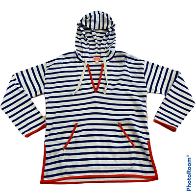 J Crew Weekend Tipped V Neck Hoodie Blue White Striped Mariner 