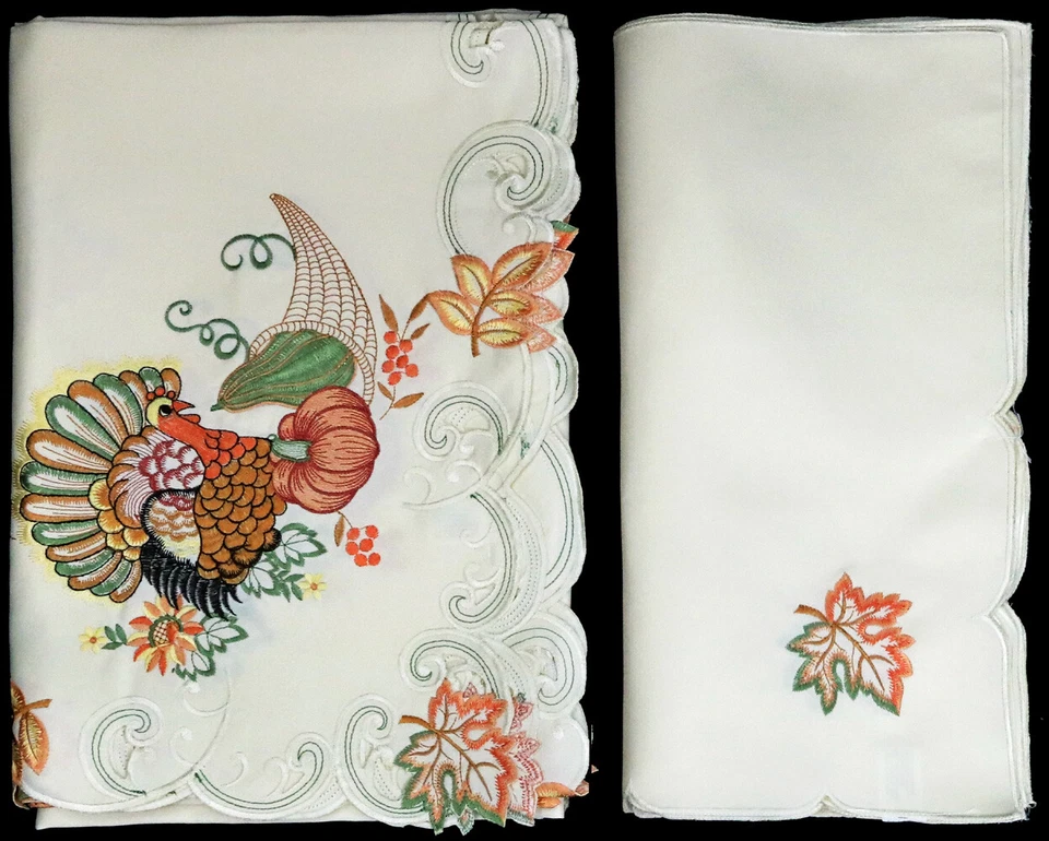 Creative Linens Fall Thanksgiving Tablecloth Napkin Harvest Pumpkin Turkey Ivory - Image 4 of 4