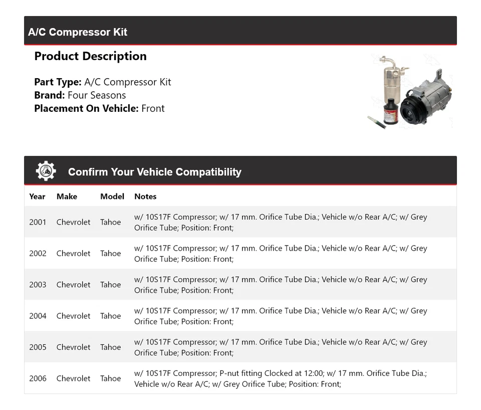 适用于 2001 - 2006 年雪佛兰 Tahoe 空调压缩机套件前 4 季 2002 2003 2004 — 第 2/4 张图片