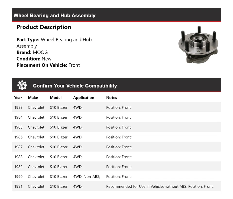Conjunto de cojinete de rueda y buje delantero MOOG para Chevrolet S10 Blazer 1983-1991 4x4 Foto 2 de 4