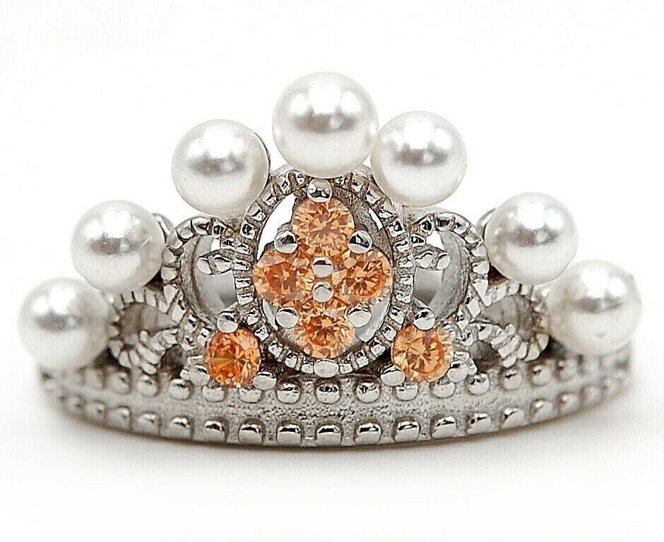 925 Sterling Silver Tiara Treated Padparadscha Sapphire & Pearl Ring Size 6 - IB1-4  