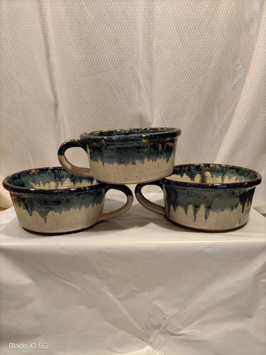 Hand Thrown Art Pottery Soup Mugs Bowls Drip Glaze Set of 3 Blue 5 5/8"D 2.5"H
