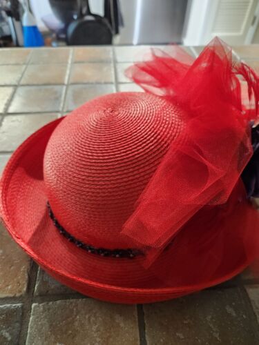Red Hat Society  Straw Hat Purple flowers, Red fea