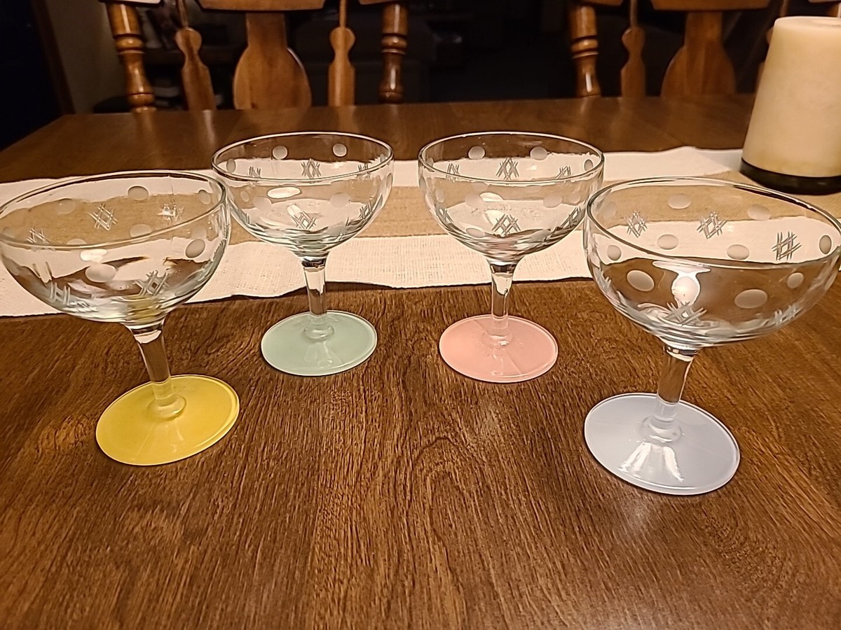 Set Of 4-retro Pastel Moderntone Base HA and Etched Stemmed Drink glasses  Rare | eBay