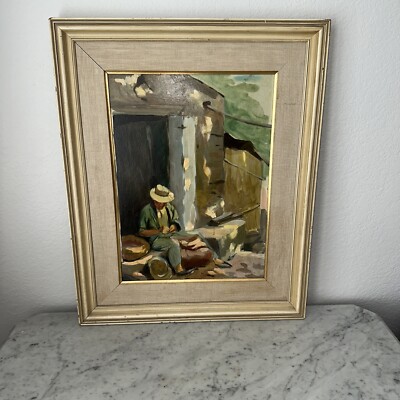 Vintage Mid Century Oil Painting On Board By Michael W. Huggins 1927 Sitting Man