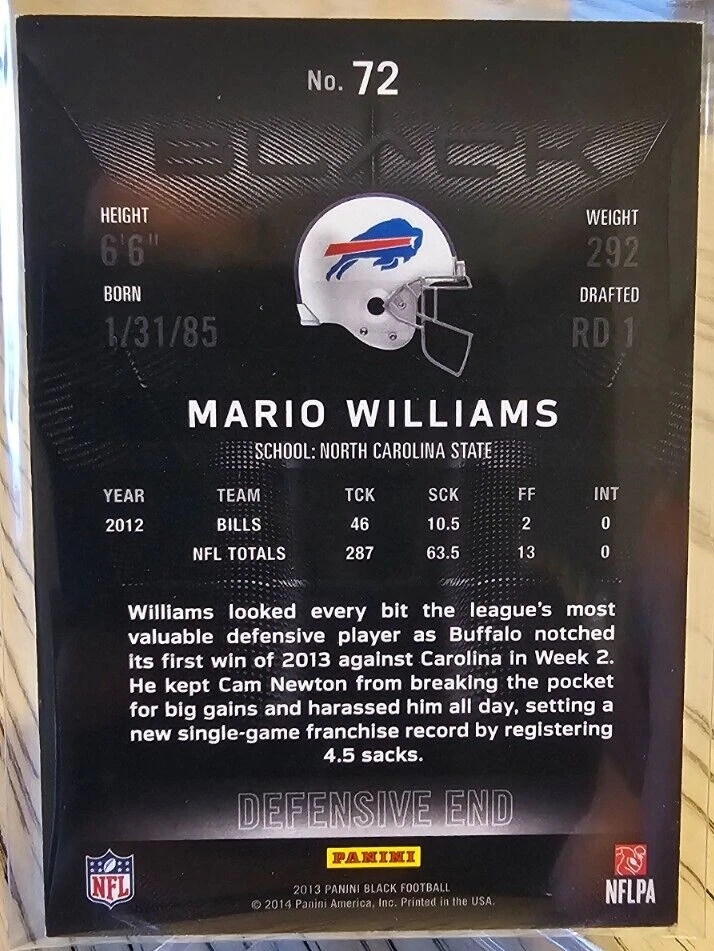2013 Panini Black /49 Gold Parallel Mario Williams #72 Buffalo Bills - Image 2 of 2
