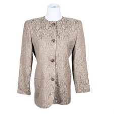 Valerie Stevens Wool Blazer Womens 8P Paisley Jacquard Taupe Button Front