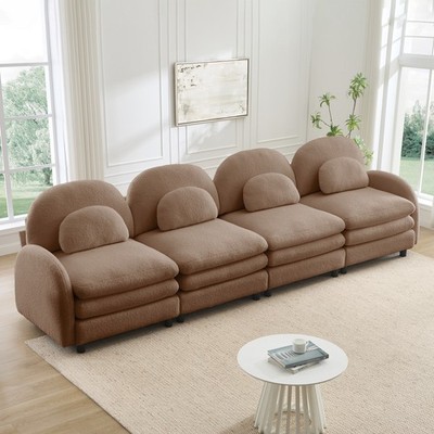 4-Seat Camel Fabric Sofa with Curved Backrest and Cloud-Like Comfort