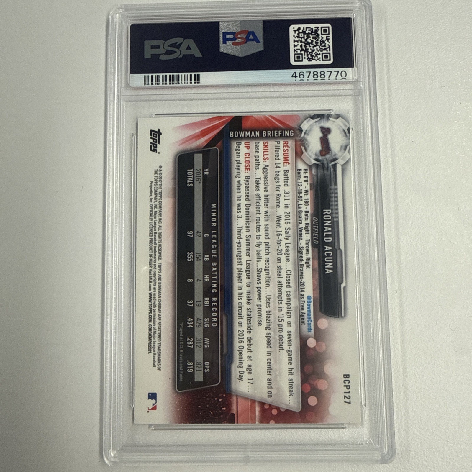 PSA 10 RONALD ACUNA JR. 1st 2017 Bowman Chrome Braves Rookie Card RC PSA 9 view 2