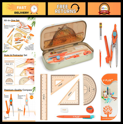 Geometry Set for Students - 12 Pcs Compass, Protractor, Rulers & Pencil Kit