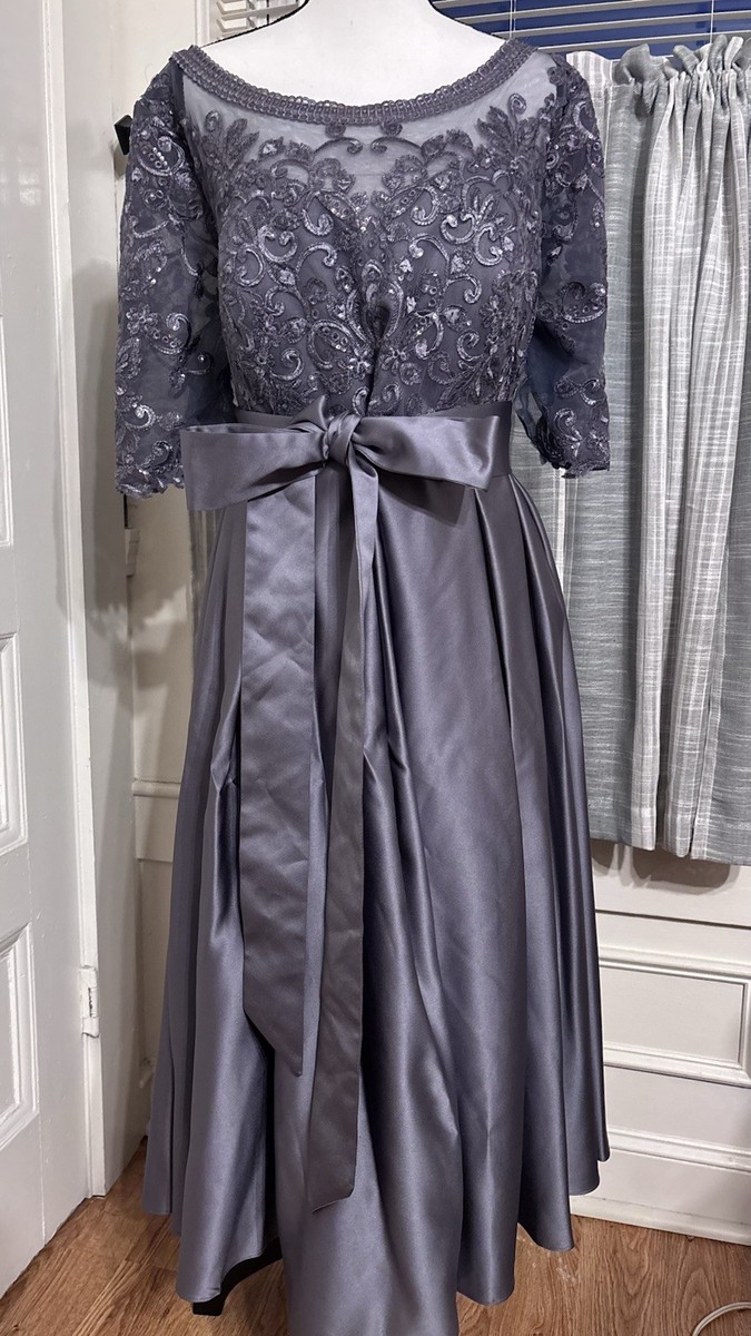 Gray Embroidered Lace Satin Formal Dress with Bow Short Sleeves Special  Occasion | eBay