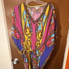Flying Tomato Multicolor Geometric Kaftan Long Dress Belted Kimono Sleeve S