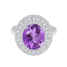 Claw Set Oval Amethyst Trio Solitaire Halo Wedding Ring 925 Sterling Silver