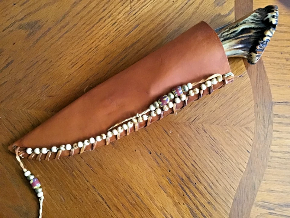 Нож ручной работы из дамасской стали с рукояткой Crown Stag и ножнами на заказ - Изображение 4 из 4