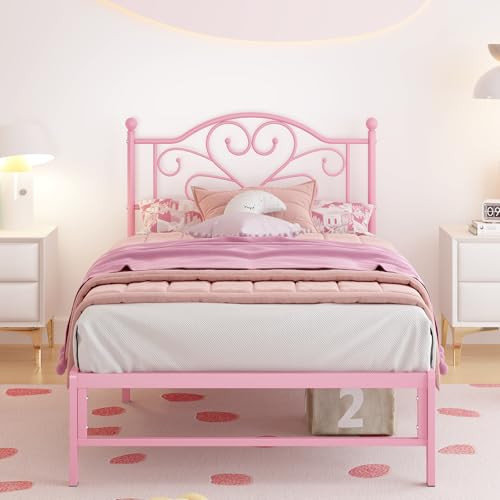 Twin Size Metal Bed Frame with Headboard and Storage Space-image