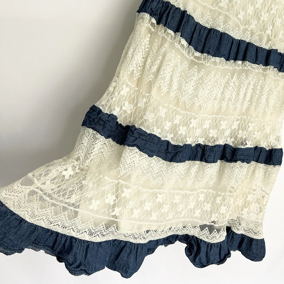 Maxi Falda Vaquera Country Pequeña Boho Pradera Campesina Encaje Denim Cottage De Colección Foto 3 de 4