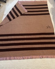 Baron Woolen Mills Vtg 100 Wool Blanket Pink Maroon Striped 72 x84 1960 s