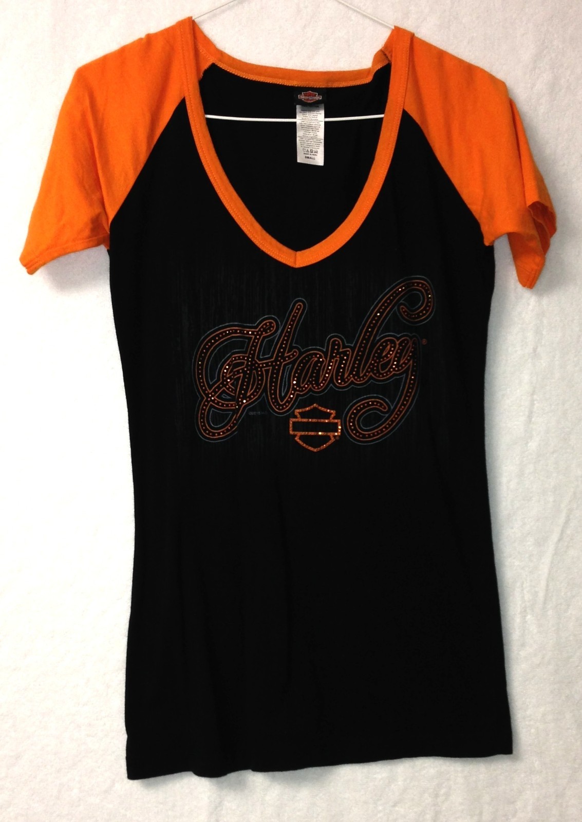 Harley Davidson Women's Top Shirt (Size Small) Beaded Accents Black/Orange