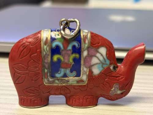 Vintage Cinnabar Carved Cloisonne Enamel Red Elephant Animal Necklace Pendant - Picture 2 of 13