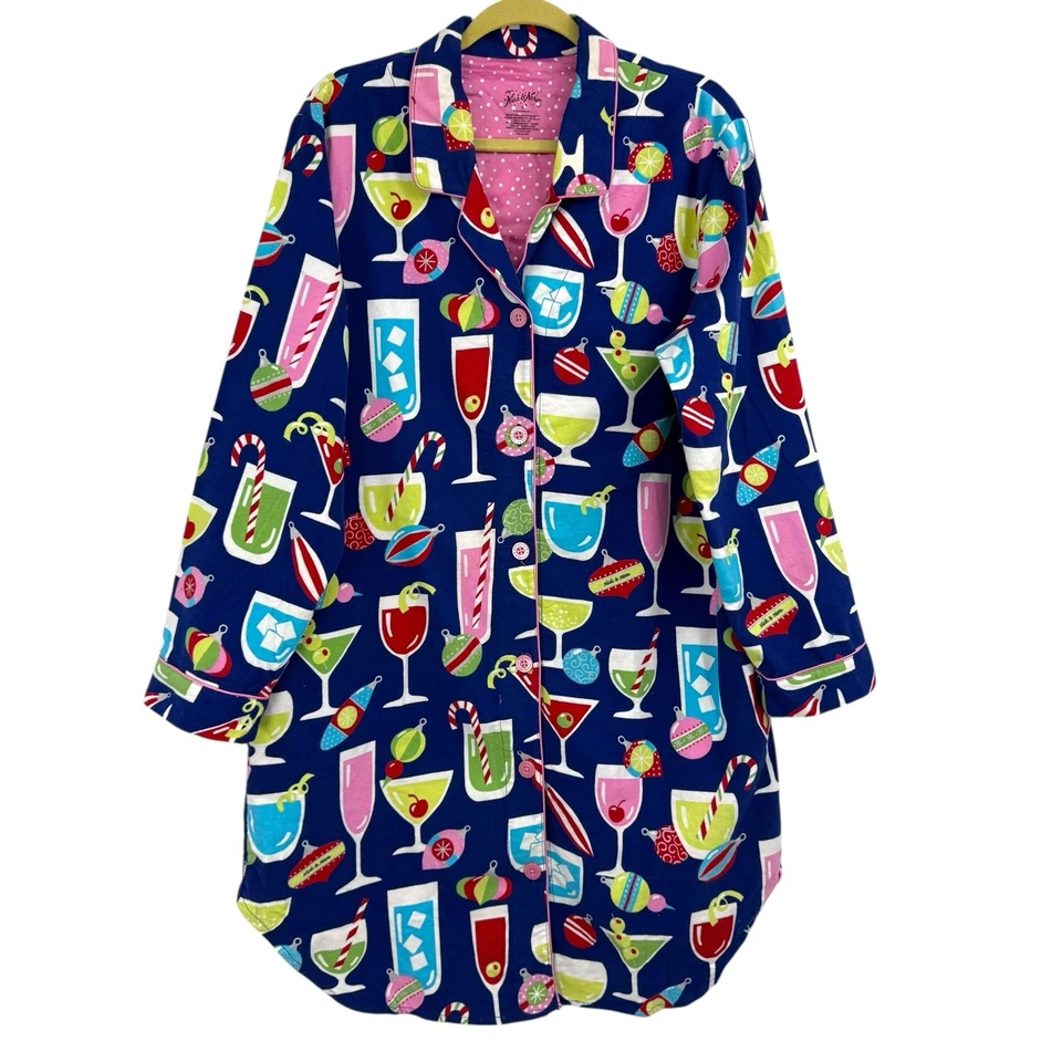 Nick and Nora 夜间衬衫礼服 XL 蓝色圣诞马提尼法兰绒口袋 — 第 2/4 张图片