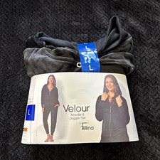 Felina Velour Full Zip Hooded Hoodie  Jogger 2-Piece Set Black Women L