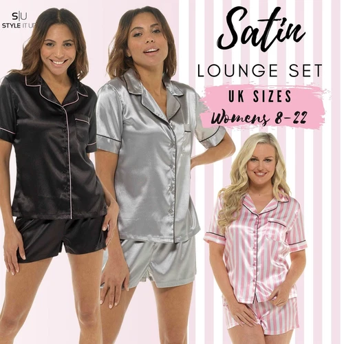 Ladies Satin Silk Pyjamas Pjs Nightwear Set Soft Short Sleeve Womens Sleepwear